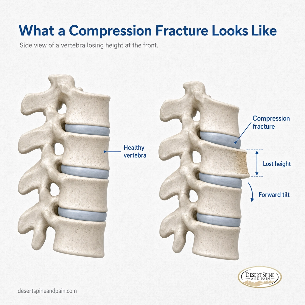 Diagram comparing a healthy rectangular vertebra to a collapsed wedge-shaped compression fracture