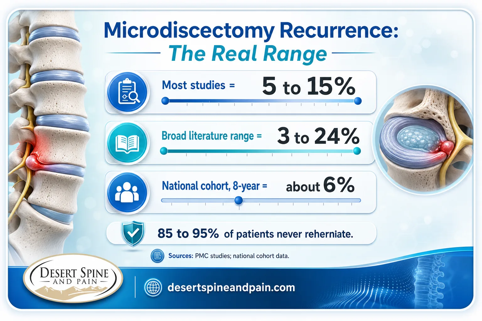 Infographic showing microdiscectomy recurrence rate ranges from 5 to 15 percent and broader 3 to 24 percent Infographic showing microdiscectomy recurrence rate ranges from 5 to 15 percent and broader 3 to 24 percent