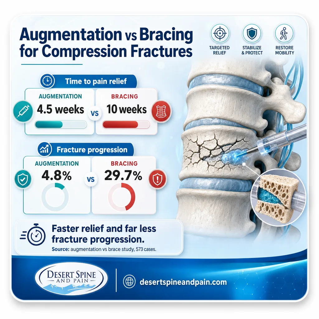 Bar chart comparing augmentation and bracing on time to pain relief and fracture progression Bar chart comparing augmentation and bracing on time to pain relief and fracture progression