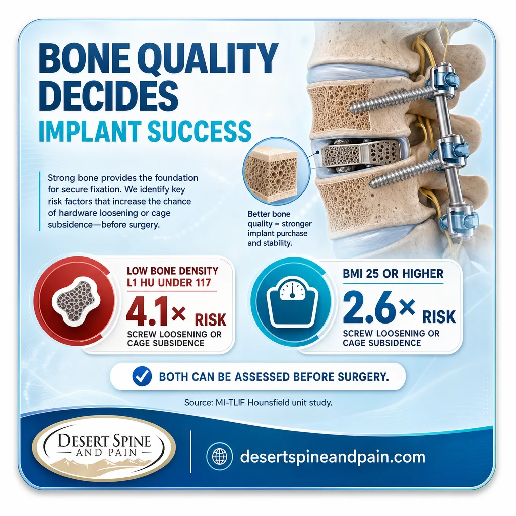 Infographic showing low bone density and high BMI raise spinal implant failure risk
