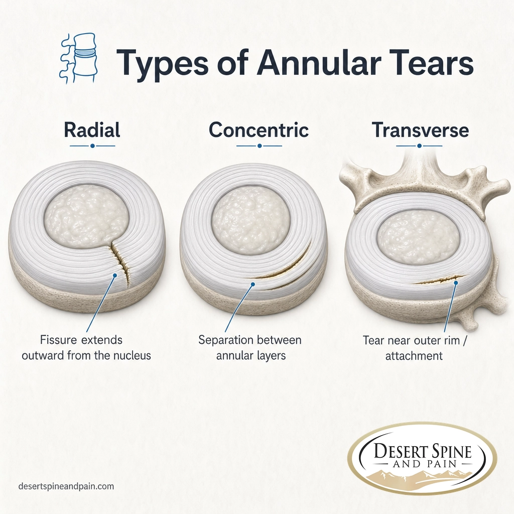 Three-panel diagram of annular tear types: radial, concentric, and transverse fissures in a spinal disc