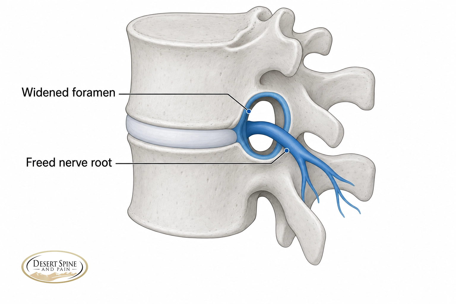 Diagram showing a widened foramen freeing a compressed spinal nerve root