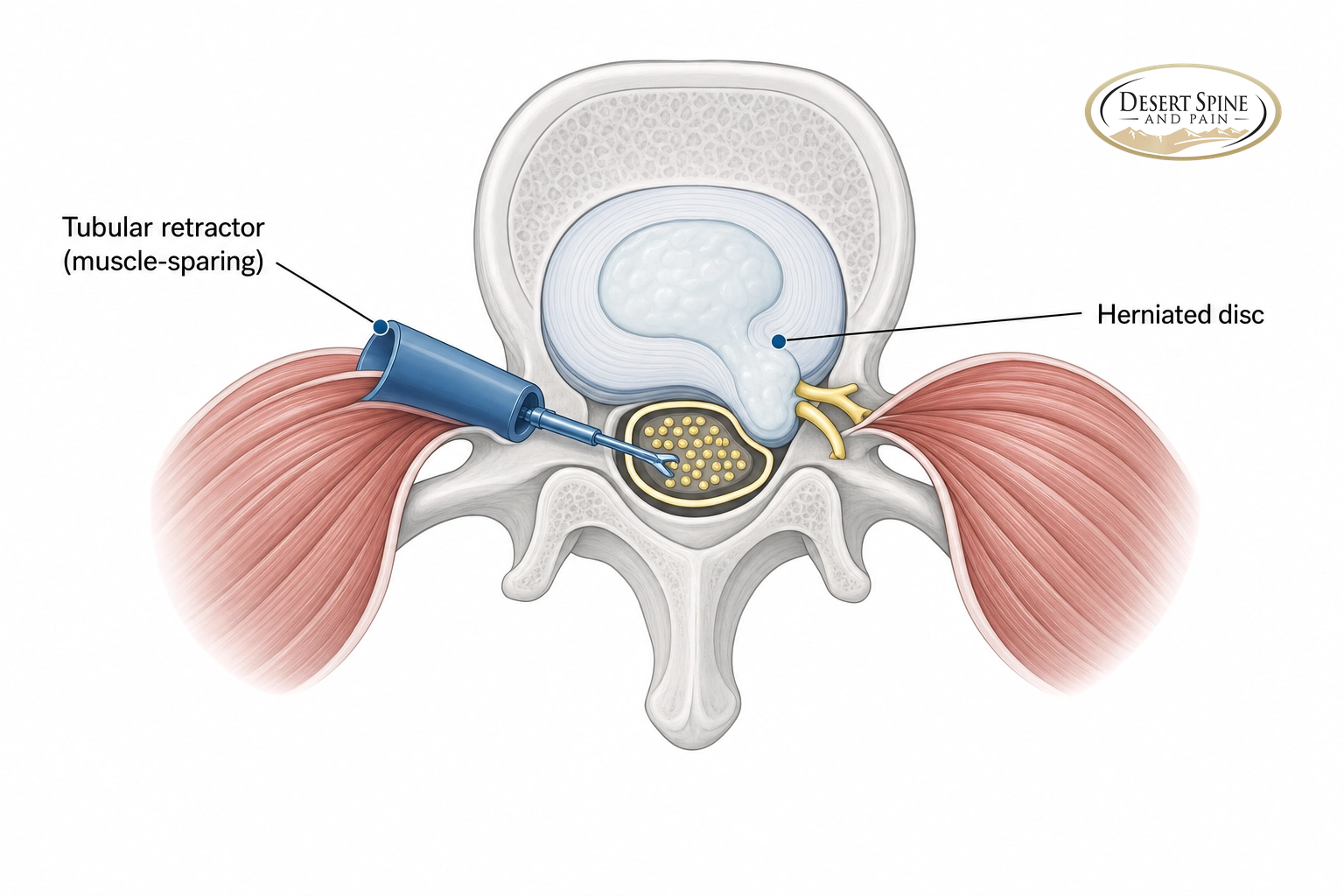 Axial diagram showing a tubular retractor splitting the back muscles to reach a herniated disc