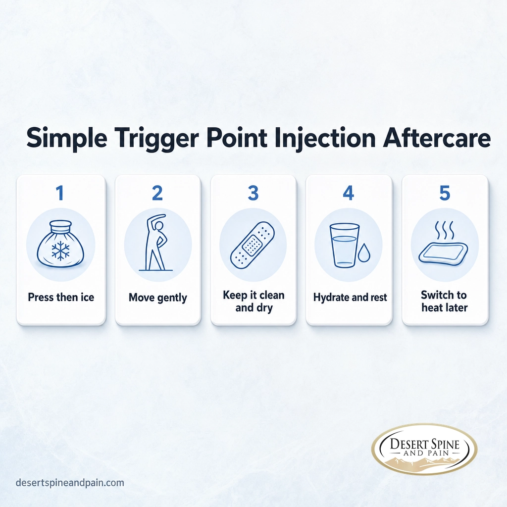 Five-step trigger point injection aftercare infographic: ice, move gently, keep clean, hydrate, heat later