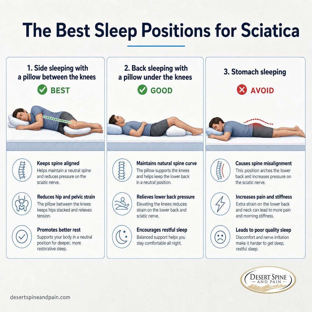 Infographic of side sleeping with a knee pillow, back sleeping with a pillow under the knees, and stomach sleeping to avoid
