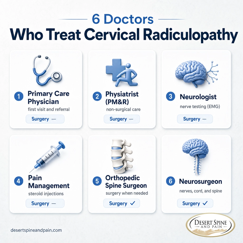 Card grid comparing six specialists who treat cervical radiculopathy and whether each performs surgery Card grid comparing six specialists who treat cervical radiculopathy and whether each performs surgery