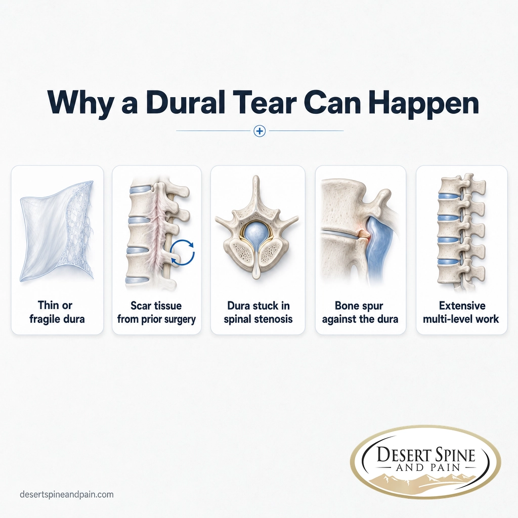 Infographic showing five causes of a dural tear: thin dura, scar tissue, spinal stenosis, bone spur, and multi-level surgery Infographic showing five causes of a dural tear: thin dura, scar tissue, spinal stenosis, bone spur, and multi-level surgery