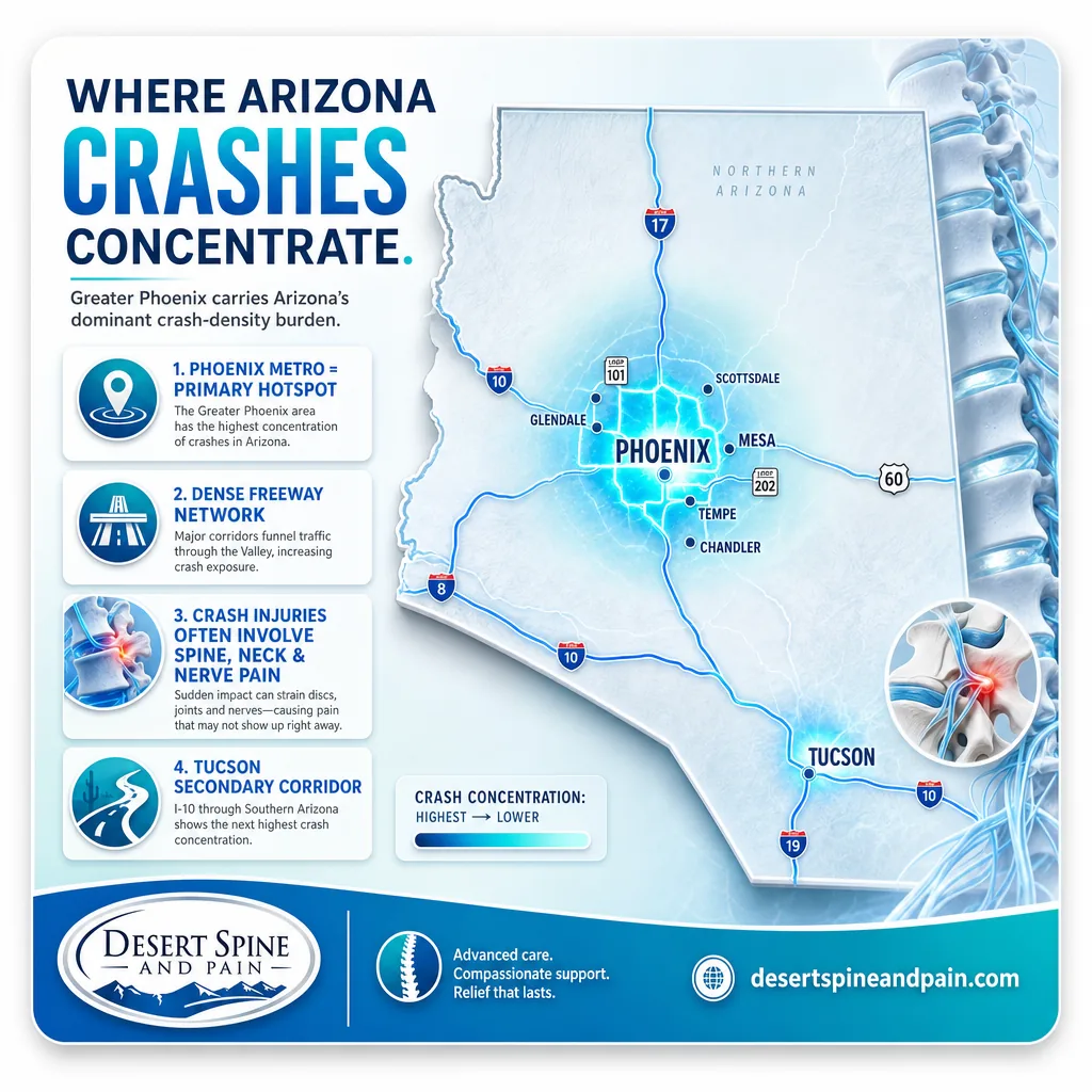 Map of Arizona showing car crash concentration highest in Maricopa County and Phoenix