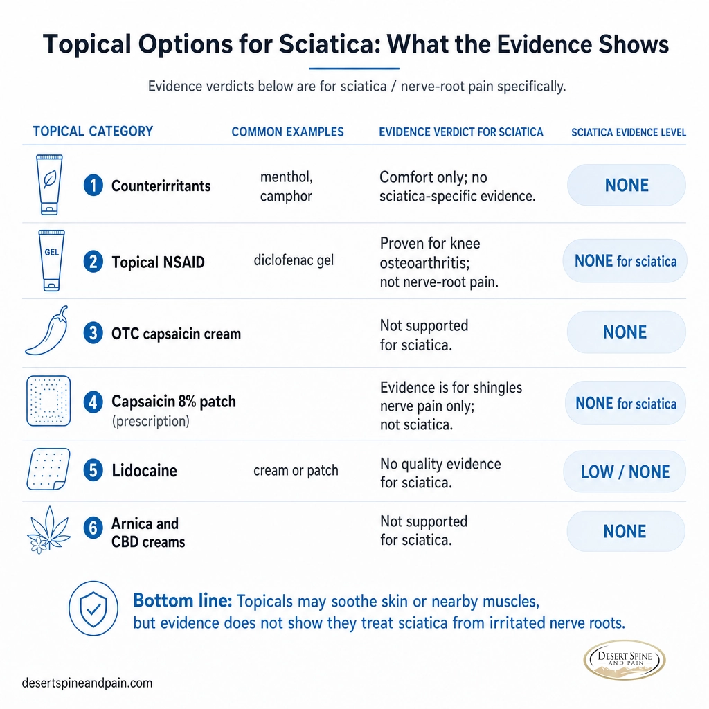 Infographic ranking counterirritants, diclofenac, capsaicin, lidocaine, arnica and CBD by their evidence for sciatica