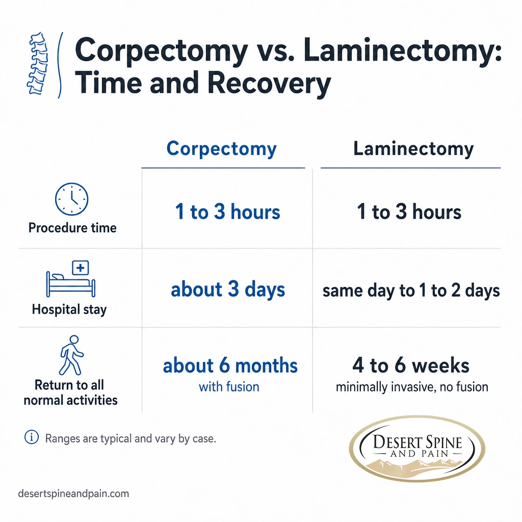 Infographic comparing procedure time, hospital stay, and recovery for corpectomy versus laminectomy