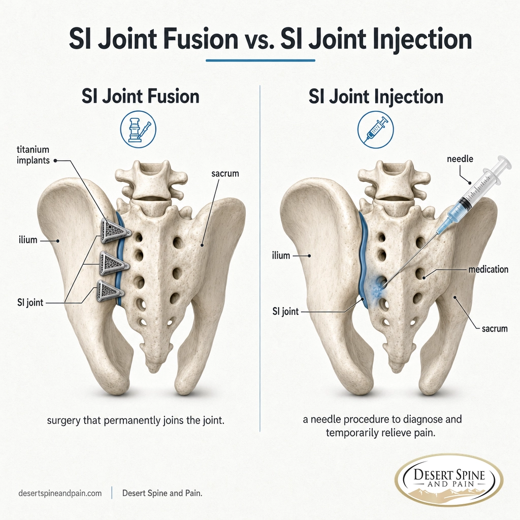 Side-by-side diagram comparing SI joint fusion with implants to an SI joint injection with a needle Side-by-side diagram comparing SI joint fusion with implants to an SI joint injection with a needle