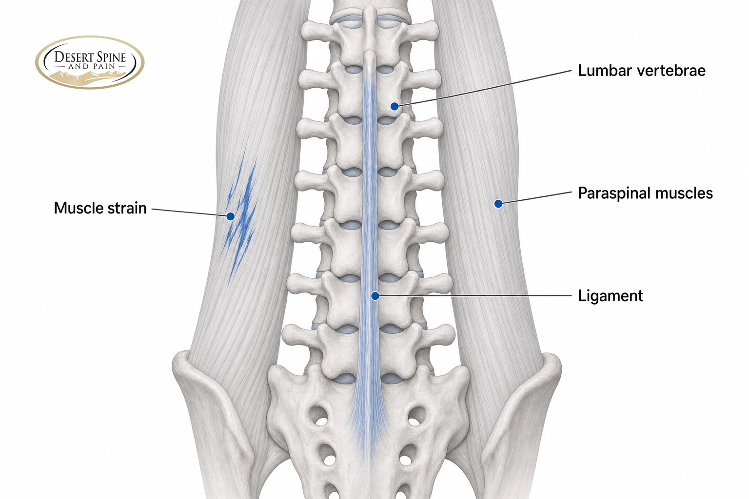 Posterior lumbar spine diagram labeling the lumbar vertebrae, paraspinal muscles, a strained muscle, and a ligament