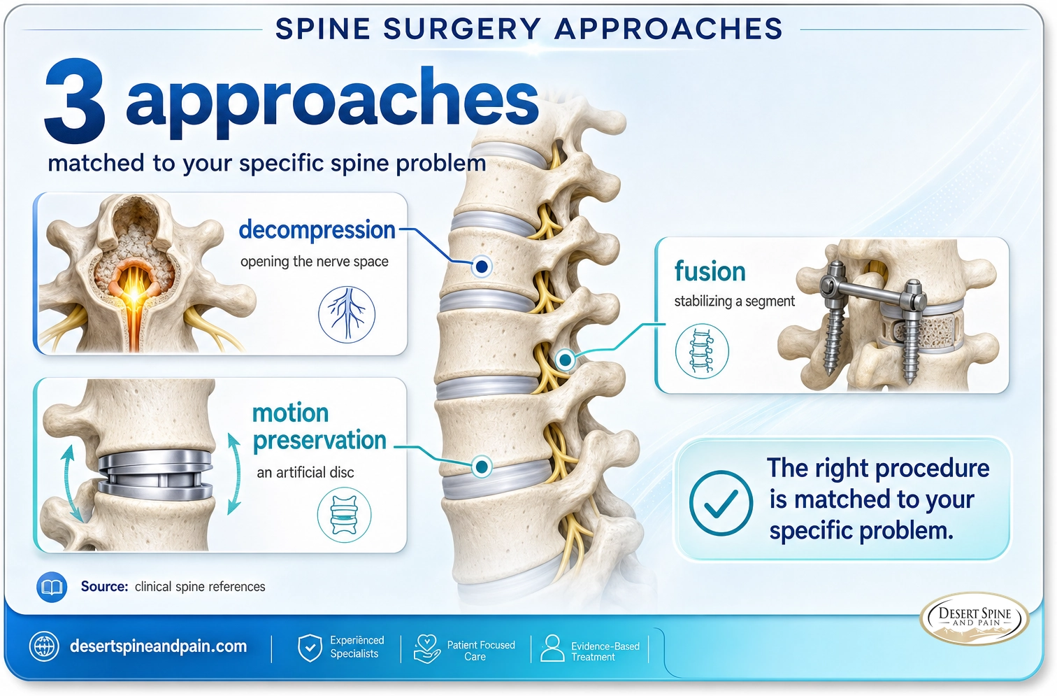 Spine surgery approaches: decompression, fusion, and motion preservation, each matched to the specific problem