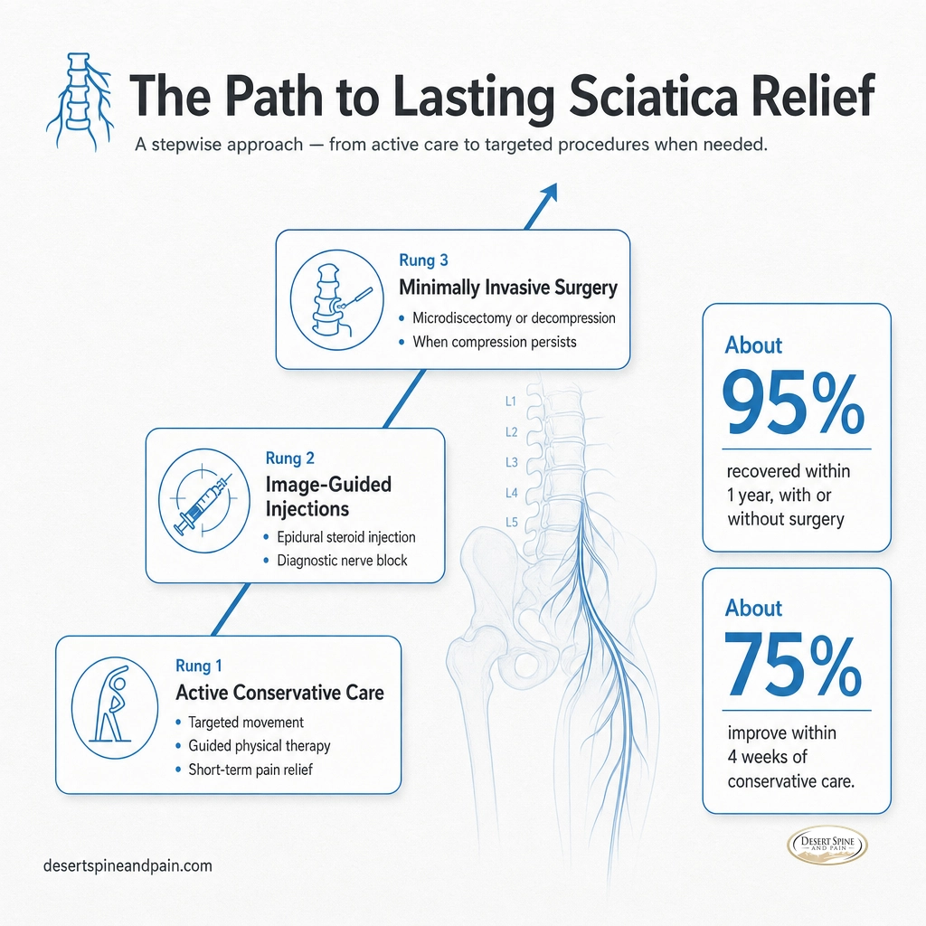 Infographic treatment ladder for sciatica from conservative care to injections to surgery