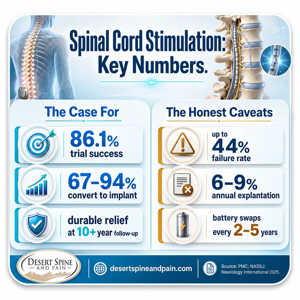 Balanced infographic showing SCS trial success and conversion alongside failure and explantation rates