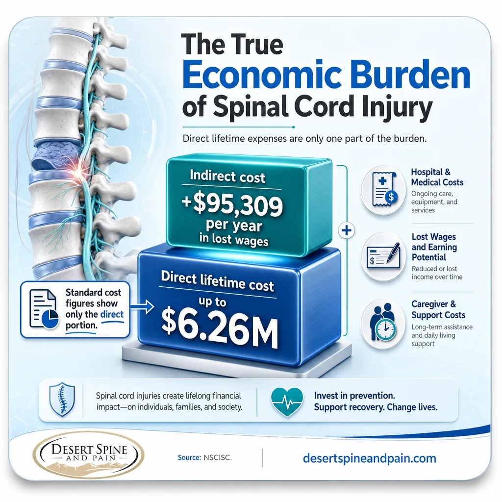 Infographic showing direct lifetime cost plus $95,309 yearly indirect cost as the true SCI burden
