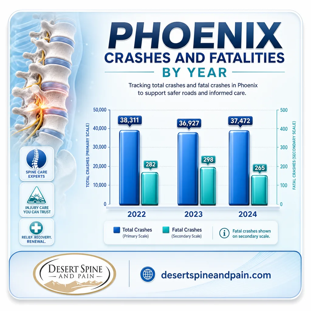 Bar chart of Phoenix total crashes and fatal crashes for 2022, 2023, and 2024 from ADOT data Bar chart of Phoenix total crashes and fatal crashes for 2022, 2023, and 2024 from ADOT data