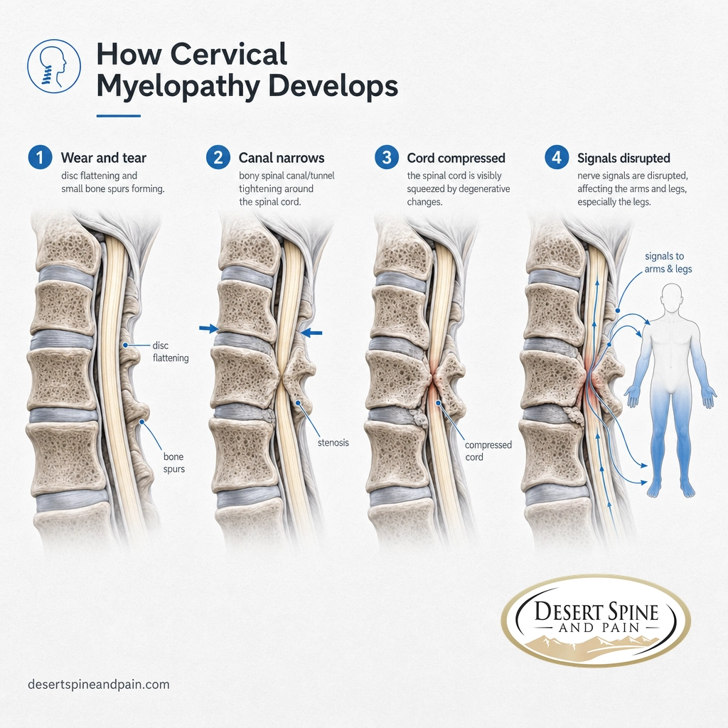 Diagram of cervical spine showing wear, canal narrowing, and spinal cord compression affecting the arms and legs Diagram of cervical spine showing wear, canal narrowing, and spinal cord compression affecting the arms and legs