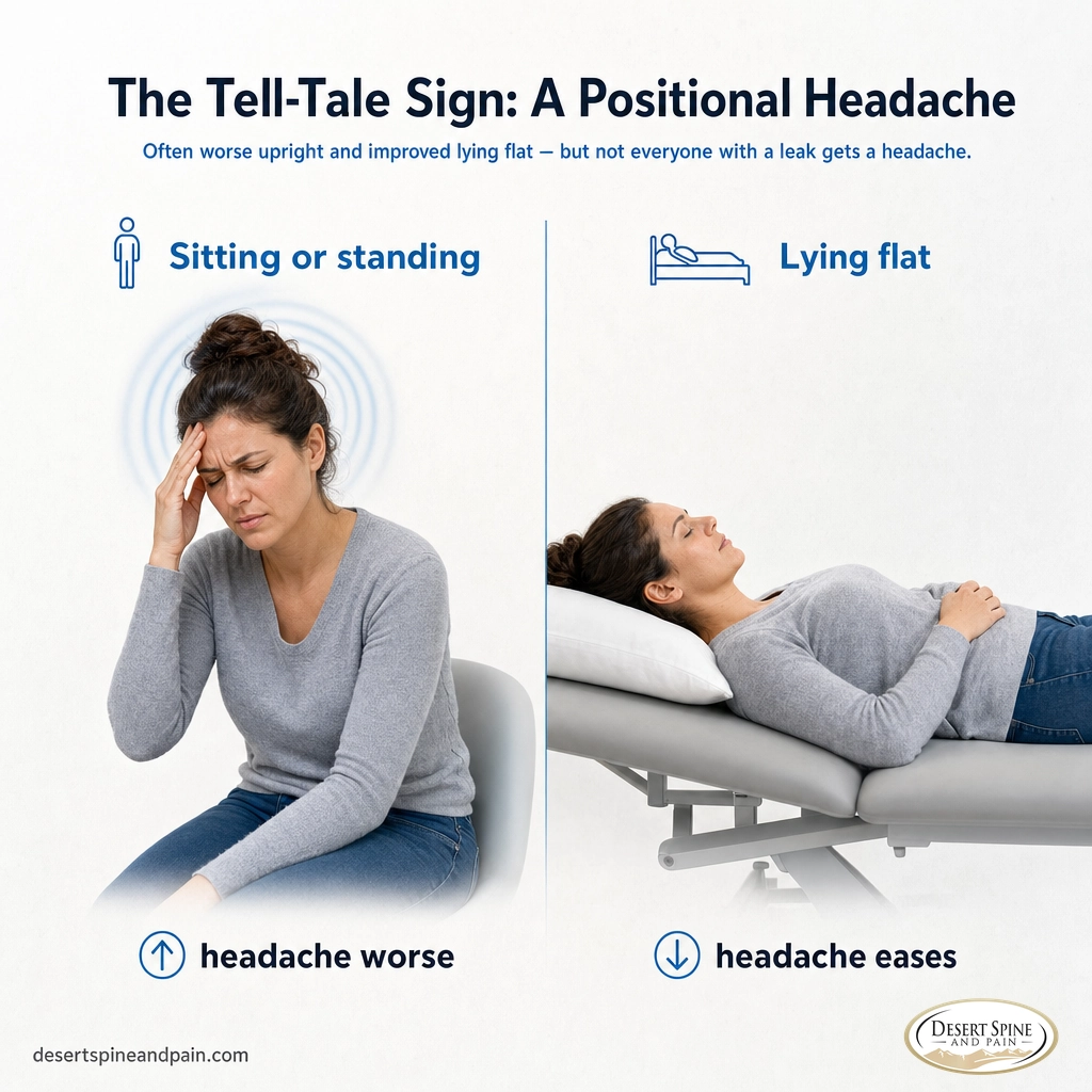 Two-panel diagram showing a headache that worsens when upright and eases when lying flat, the classic sign of a CSF leak Two-panel diagram showing a headache that worsens when upright and eases when lying flat, the classic sign of a CSF leak