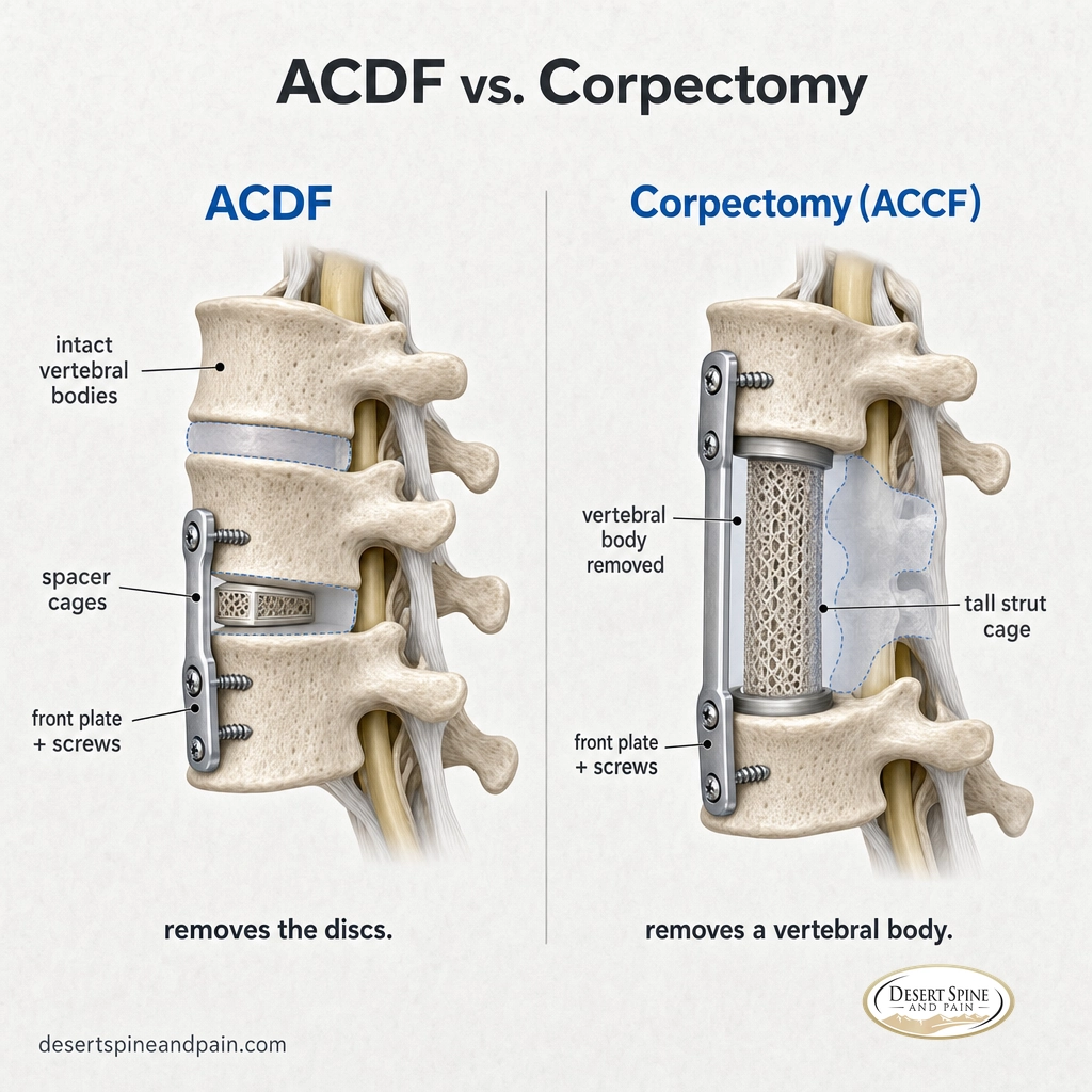 Side-by-side diagram comparing ACDF removing discs with corpectomy removing a full vertebral body