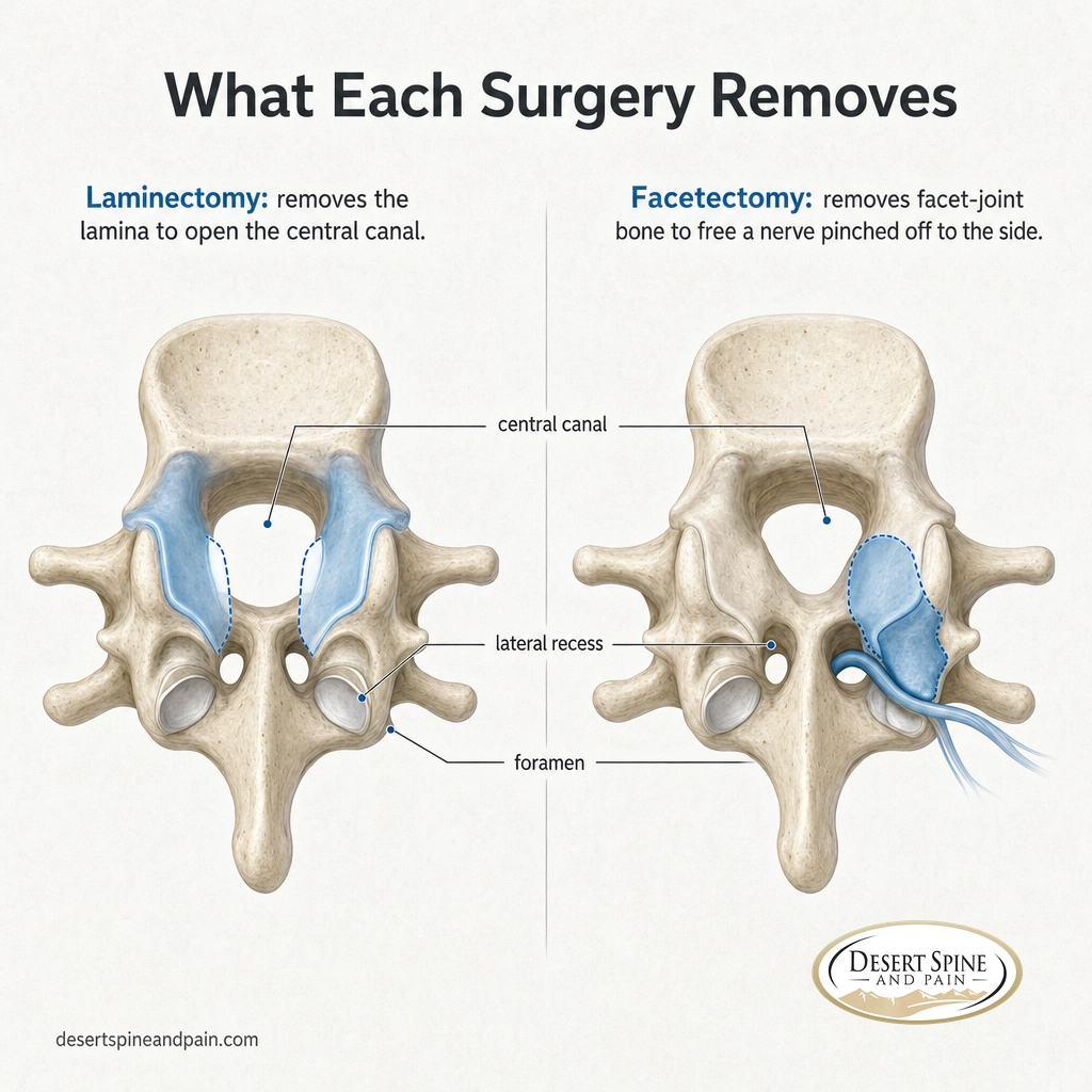 Anatomy infographic showing the lamina removed in a laminectomy versus the facet joint removed in a facetectomy Anatomy infographic showing the lamina removed in a laminectomy versus the facet joint removed in a facetectomy