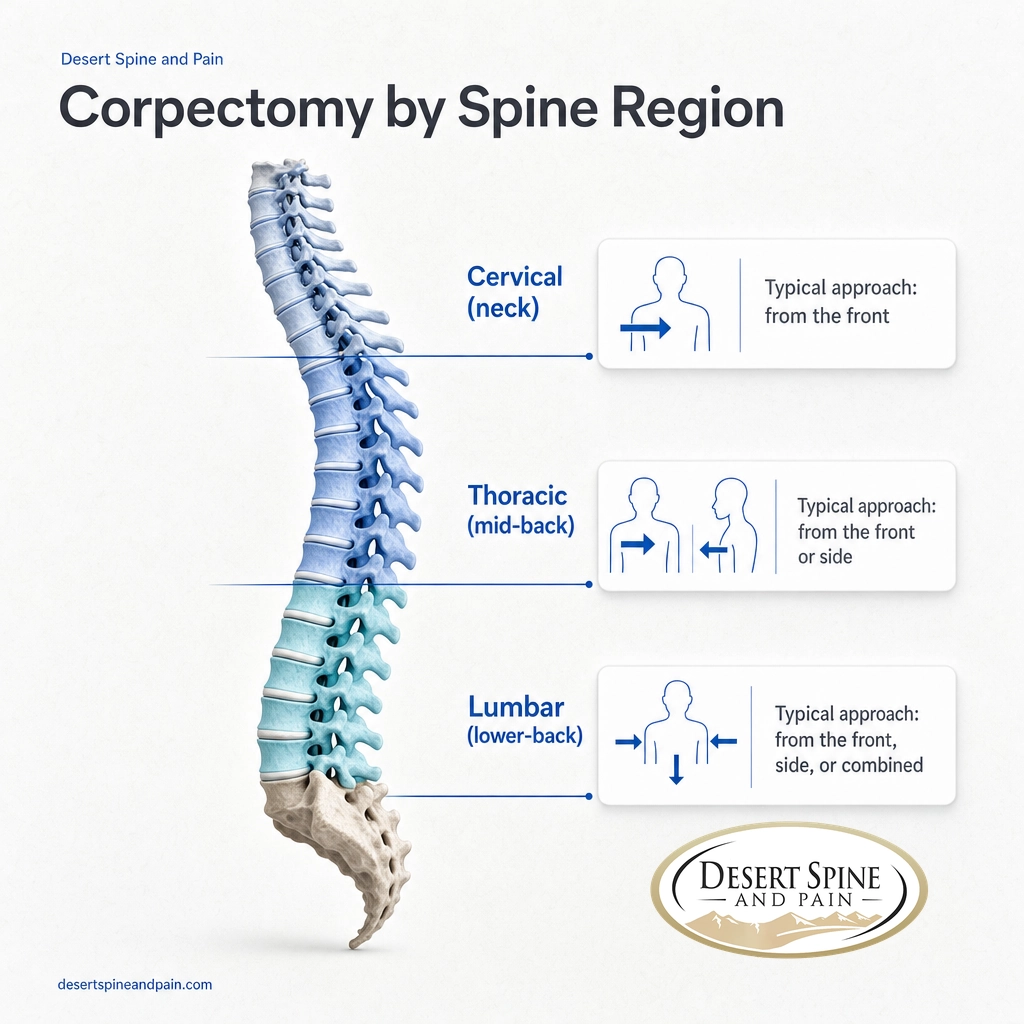 Full spine diagram showing where a corpectomy is performed in the cervical, thoracic, and lumbar regions