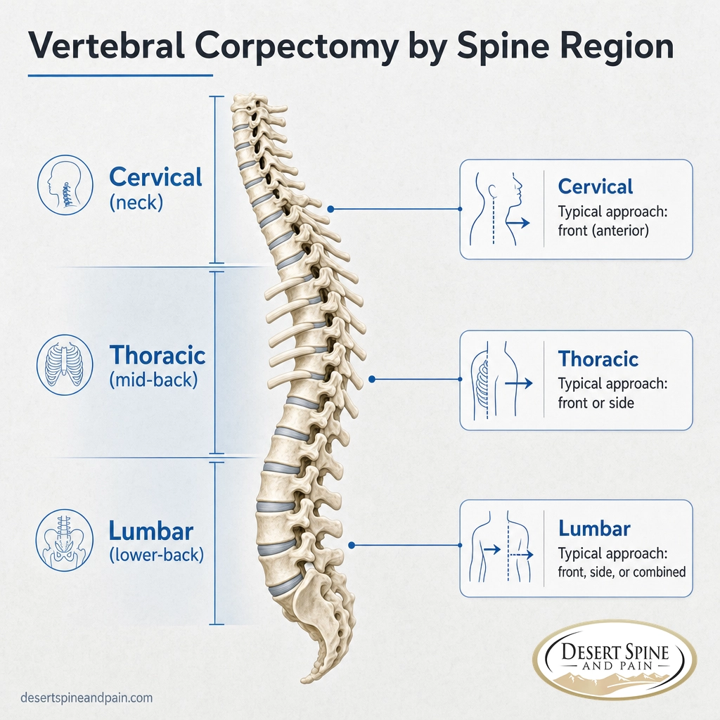 Full spine diagram showing where a corpectomy is performed in the cervical, thoracic, and lumbar regions