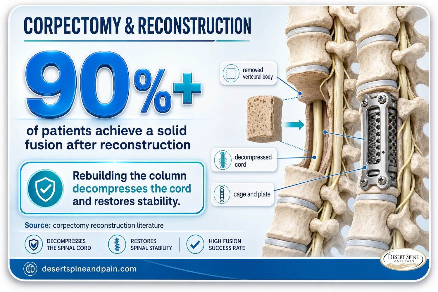 Corpectomy and reconstruction: about 90 percent or more of patients achieve a solid fusion