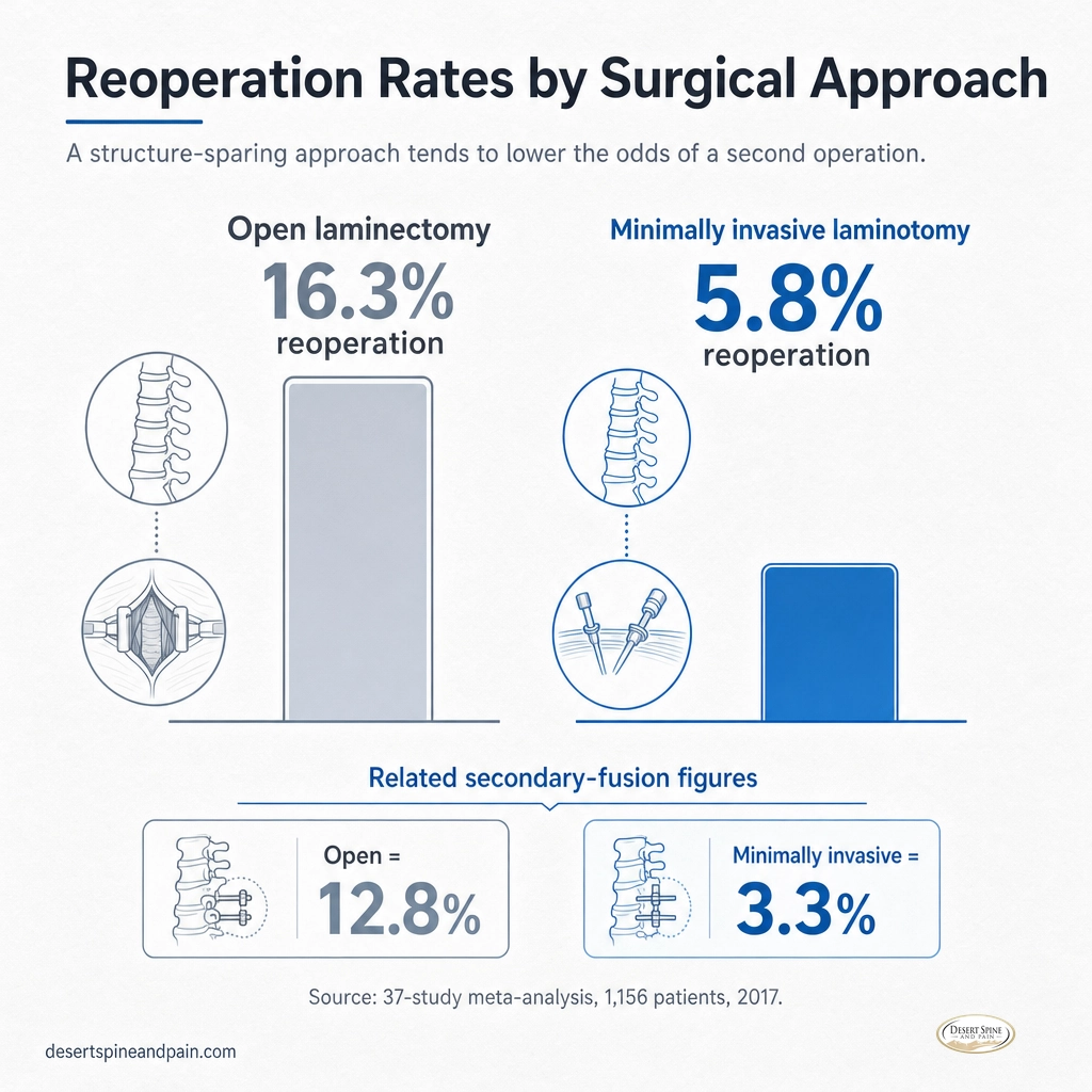 Infographic comparing 16.3% open versus 5.8% minimally invasive reoperation rates for lumbar stenosis surgery