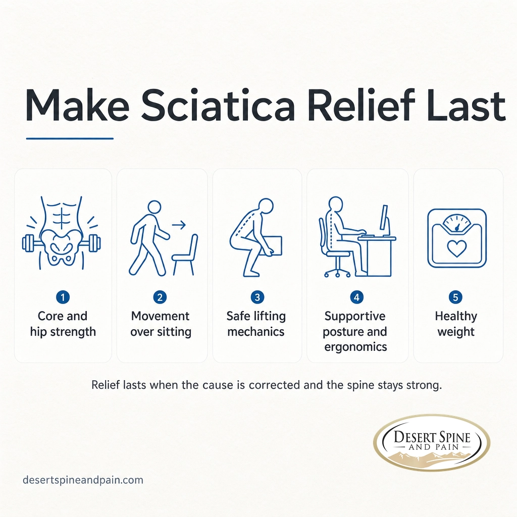 Infographic of five habits that help prevent sciatica from returning for lasting relief