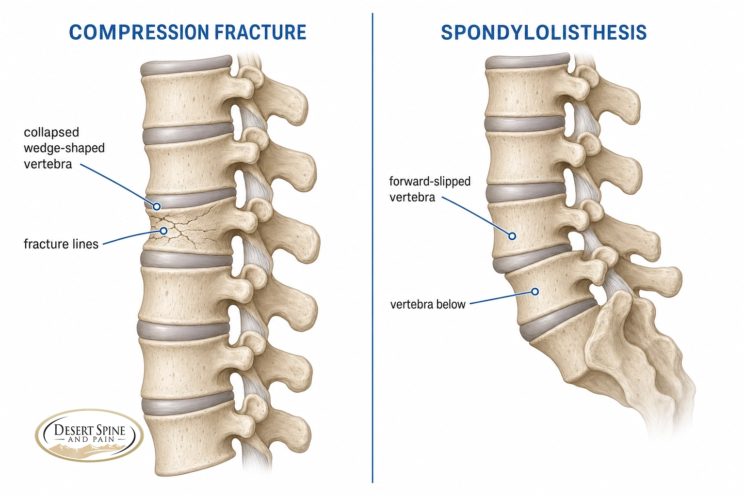Comparison diagram of a vertebral compression fracture and spondylolisthesis