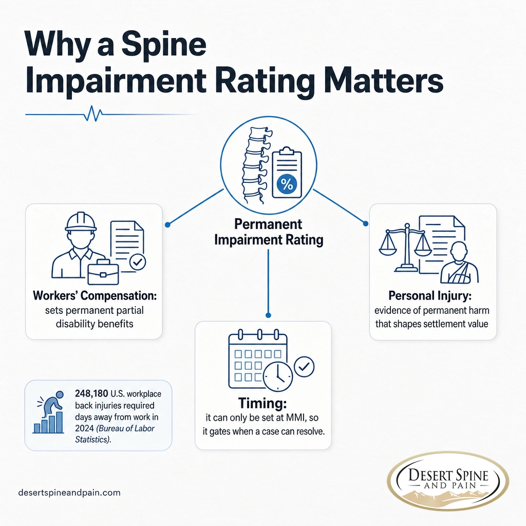 Infographic showing how a spine impairment rating drives workers comp, injury settlements, and timing Infographic showing how a spine impairment rating drives workers comp, injury settlements, and timing