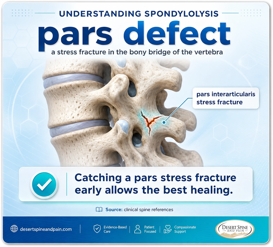Spondylolysis: a stress fracture of the pars interarticularis, the bony bridge of the vertebra