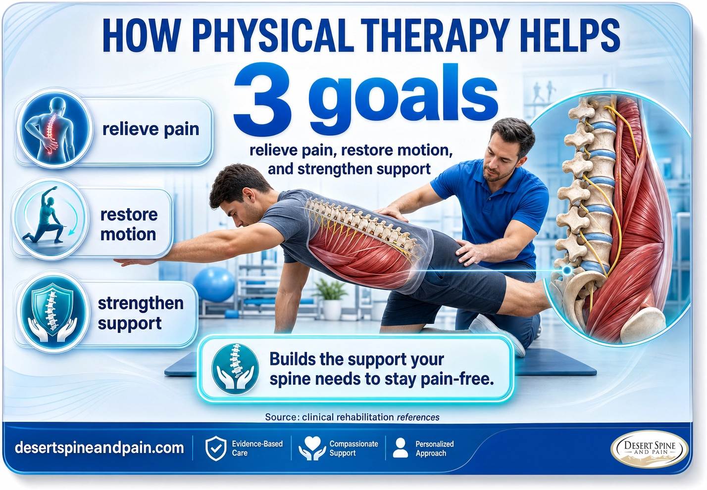 Physical therapy: guided exercise that relieves pain, restores motion, and strengthens the muscles that support the spine
