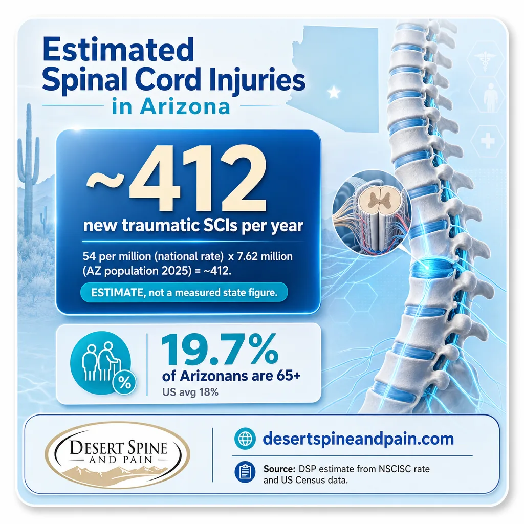 Infographic estimating about 412 new traumatic spinal cord injuries per year in Arizona