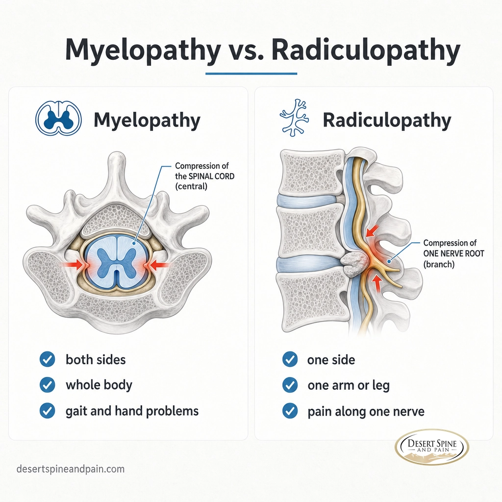 Diagram comparing spinal cord compression in myelopathy with nerve root compression in radiculopathy Diagram comparing spinal cord compression in myelopathy with nerve root compression in radiculopathy