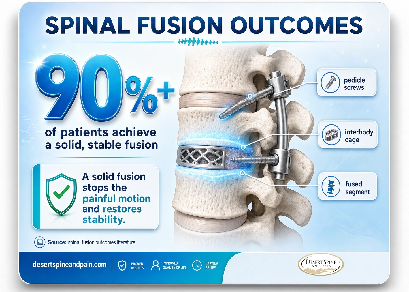 Spinal fusion: about 90 percent or more of patients achieve a solid, stable fusion