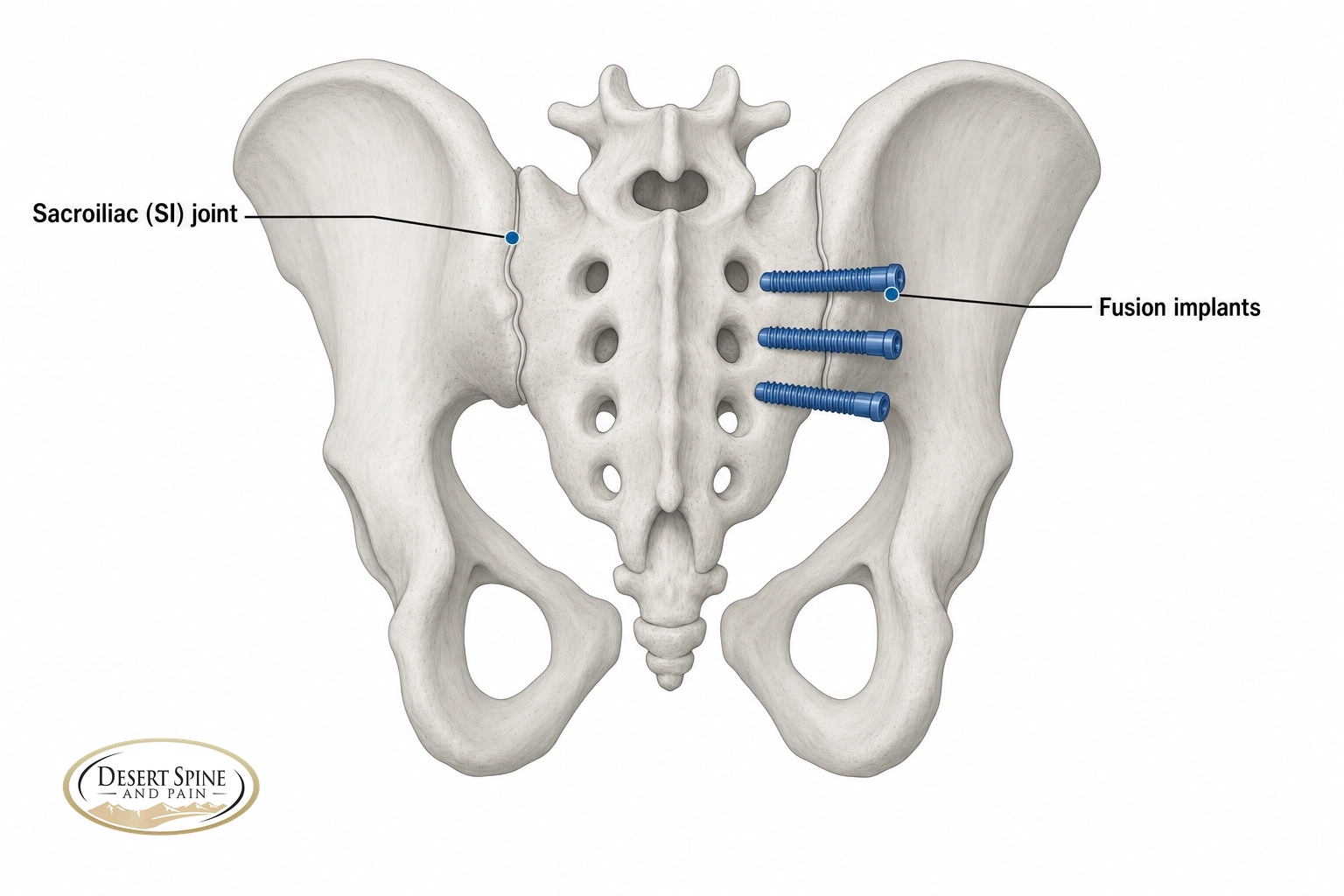 Posterior pelvis diagram showing fusion implants placed across the sacroiliac joint