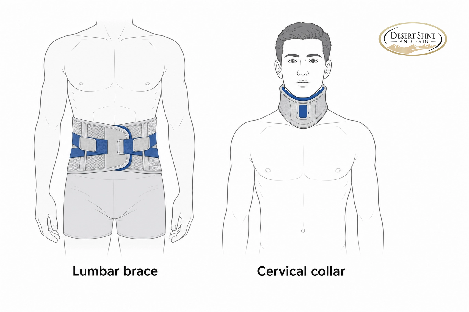 Illustration of a lumbar support brace and a cervical collar