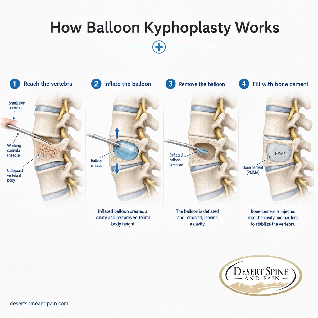 Four-step diagram of balloon kyphoplasty: needle, balloon cavity, balloon removal, and bone cement