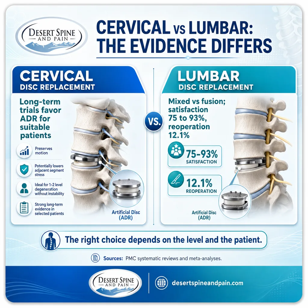 Split infographic contrasting cervical and lumbar disc replacement evidence versus fusion