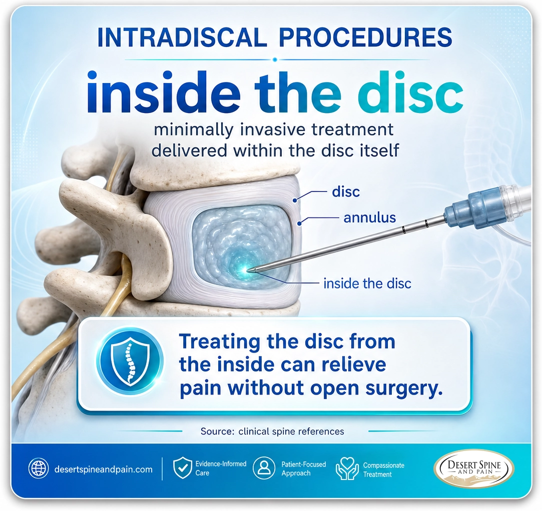 Intradiscal procedures: minimally invasive treatment delivered inside the disc to relieve pain without open surgery
