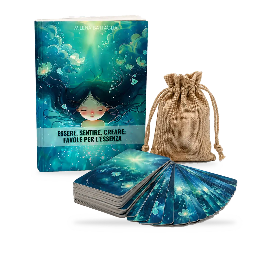 Libro Favole per l’Essenza con il mazzo di Carte per l’Essenza e la custodia in juta