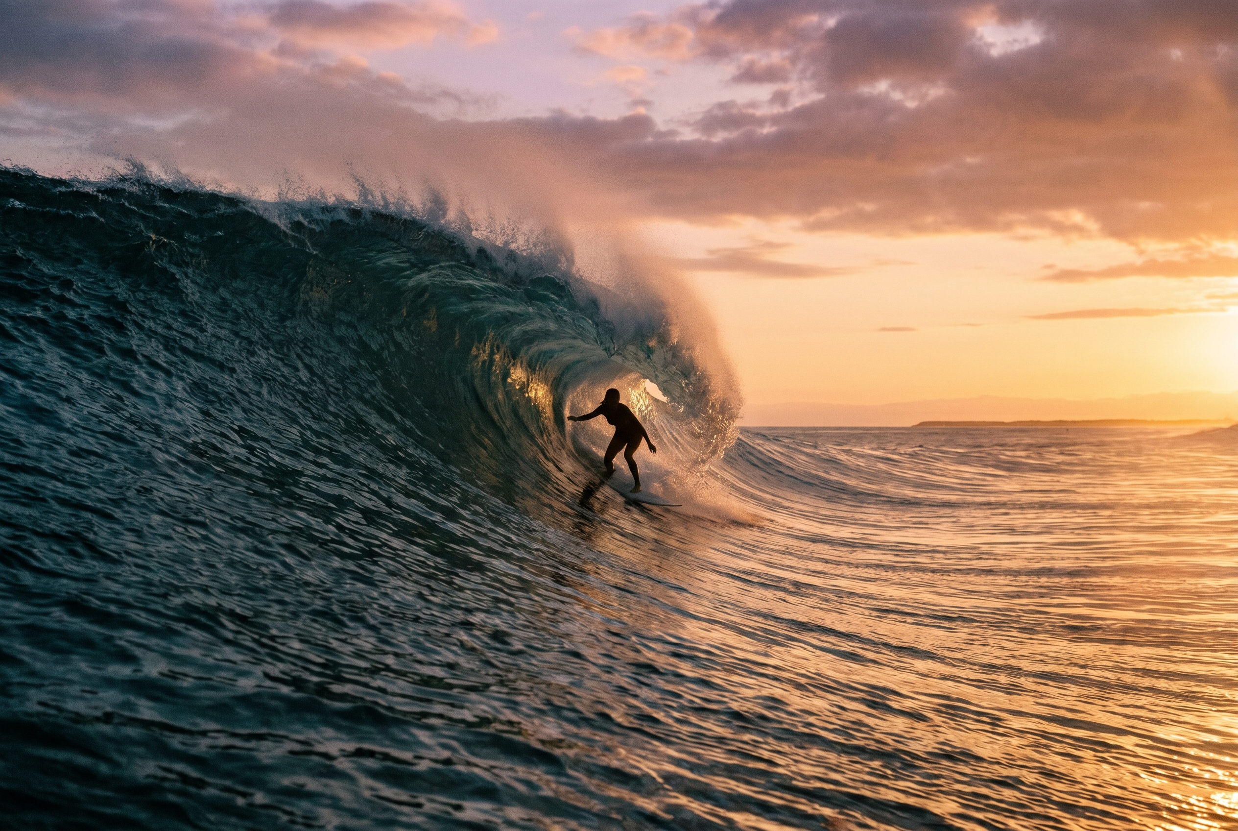 Surfer riding Zicatela's Mexican Pipeline wave at sunset in Puerto Escondido