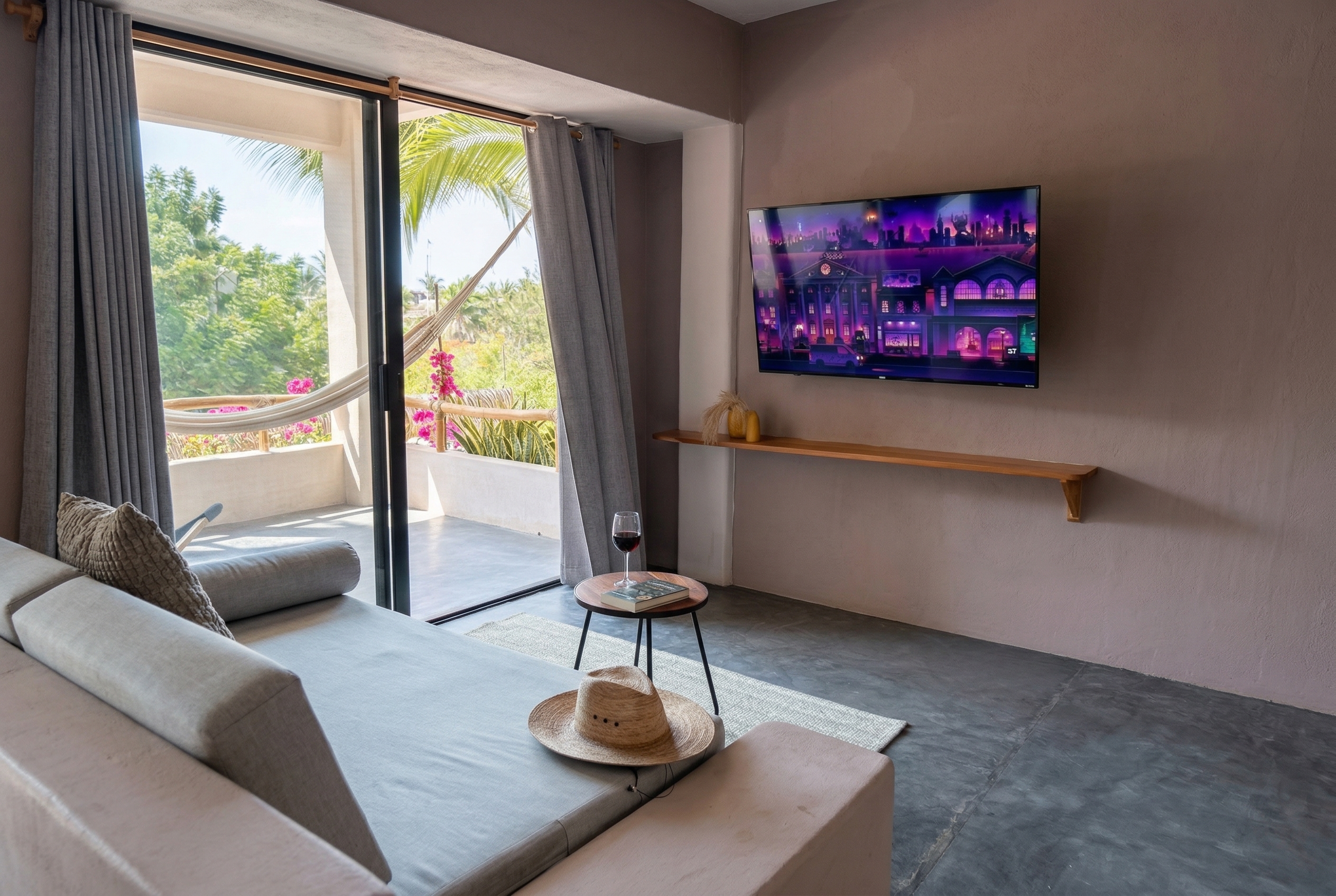 Living area with daybed, smart TV and sliding door to the balcony