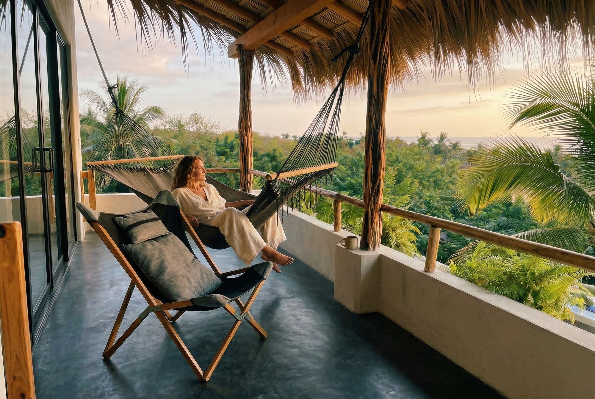 Guest relaxing in a private balcony hammock at sunset overlooking the Pacific at Casa Leah Puerto Escondido — Beach Boutique Hotel 47 steps from Zicatela Beach in Oaxaca, Mexico