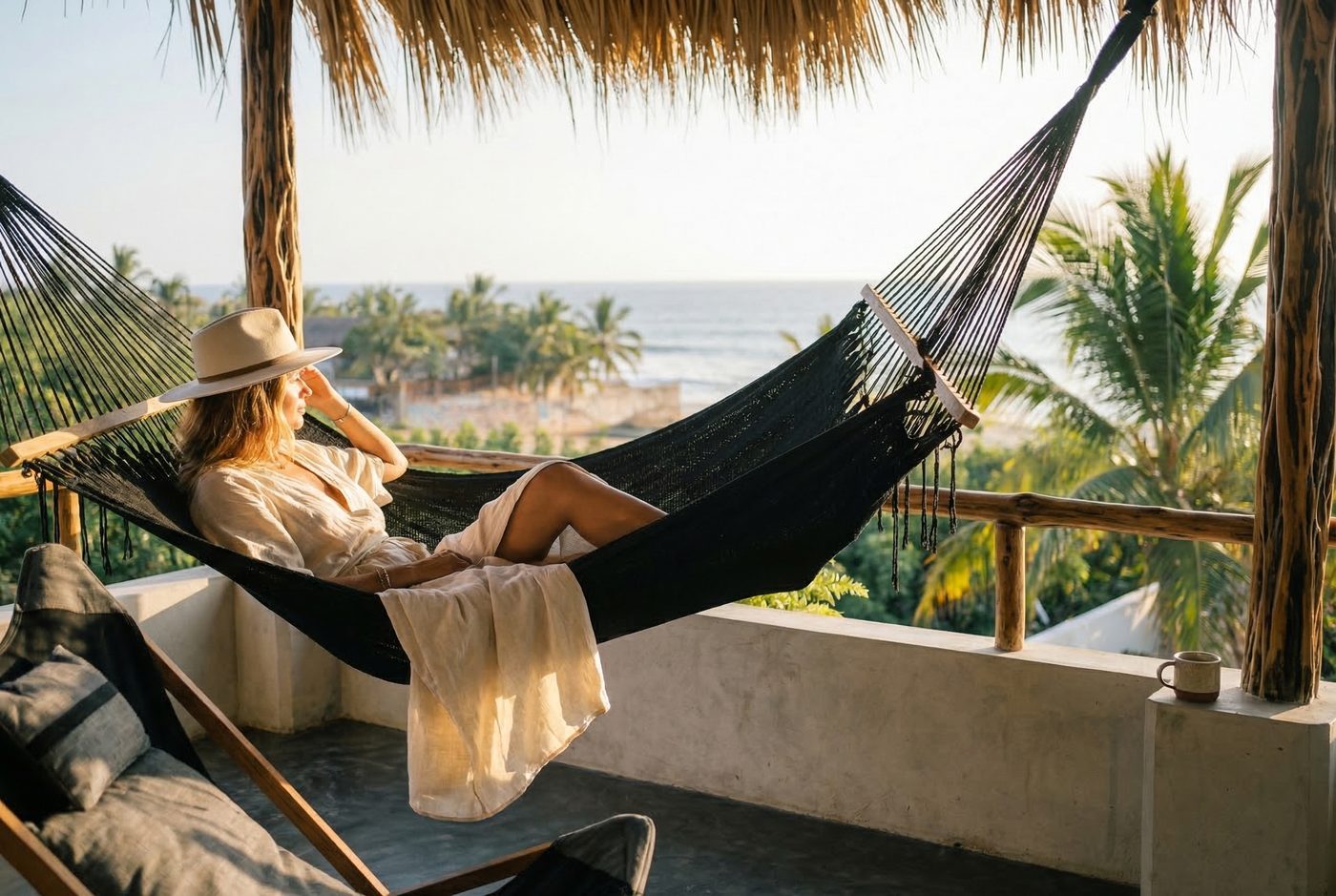 The Grand Penthouse rooftop hammock with Pacific Ocean view at sunset — Casa Leah Puerto Escondido, Beach Boutique Hotel 47 steps from Zicatela