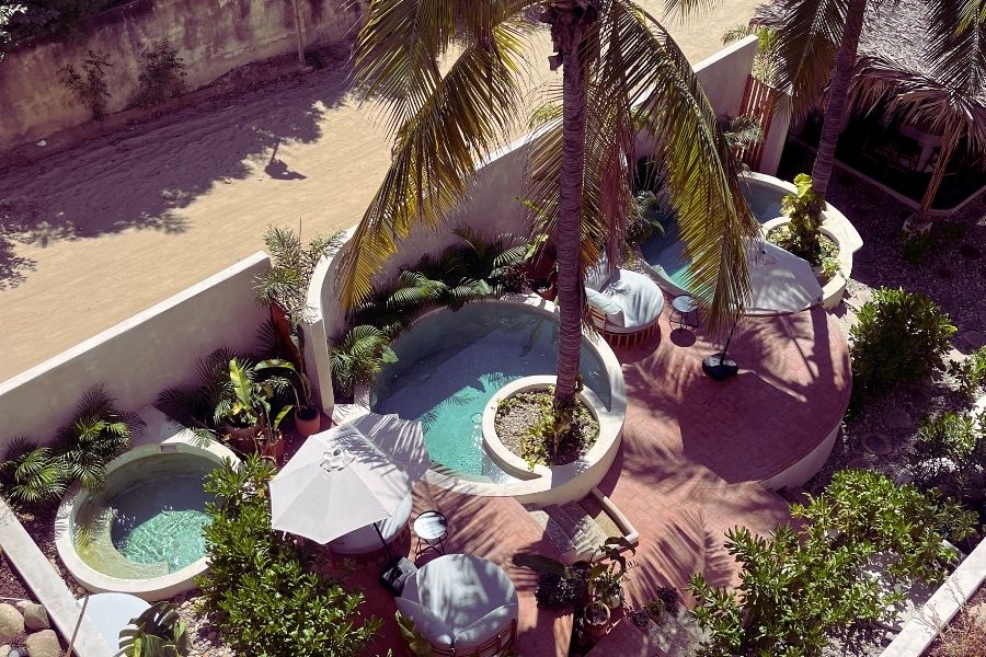 Casa Leah beachfront facade with cactus garden, 47 steps from Zicatela Beach in Puerto Escondido