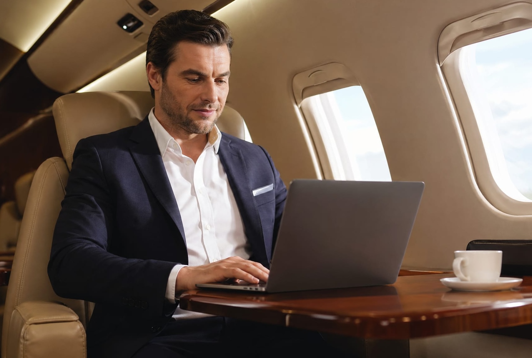 Private jet (Section 4)   | "Executive working inside a private jet cabin"