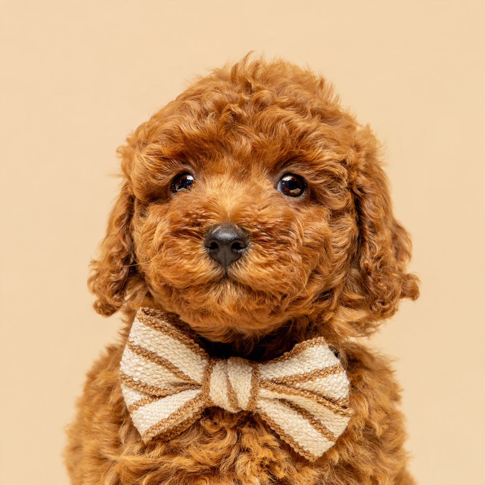 Close up portrait of red Cavoodle puppy with striped bow tie - Sydney puppy photographer